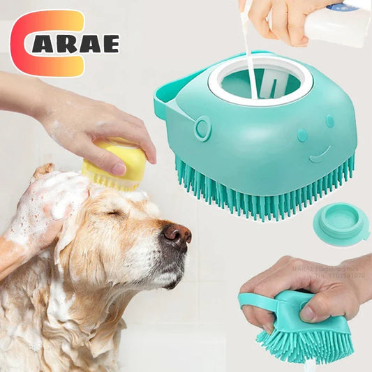 Dog Bathing Brush with Shampoo Dispenser – Soft Silicone Pet Grooming Tool for Dogs & Cats